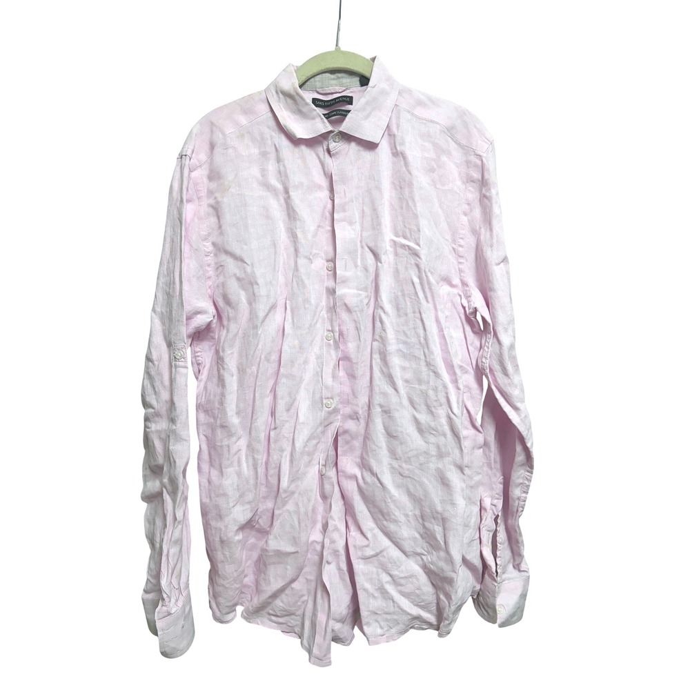 Saks Fifth Avenue‎ Button Down Pink Linen Classic Fit Long Sleeve Shirt Medium